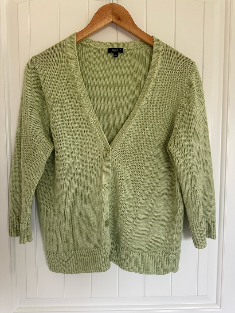 Talbots Light Sage Green Linen V-Neck Button Front Cardigan Knit Sweater Large